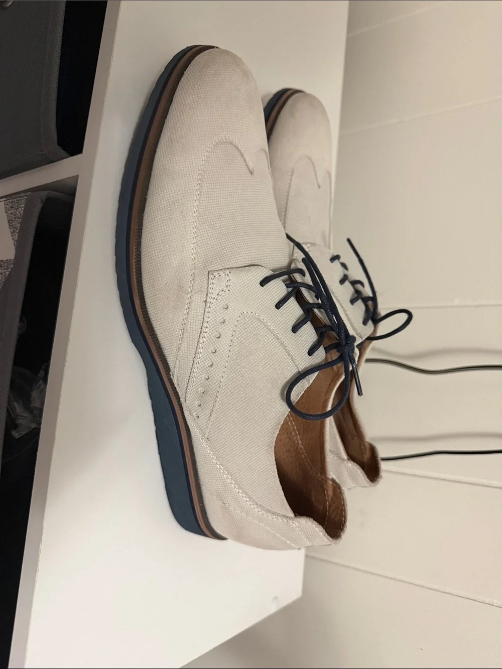 Stacy Adams Cream Canvas Wingtip Oxfords with Navy Accents